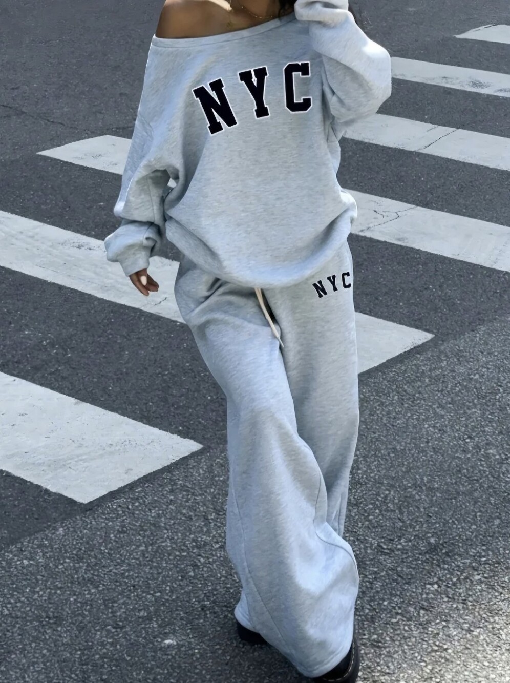 Fleece Sweatshirt Set, Off-Shoulder Letter Print Top And Letter Print Long Pants
